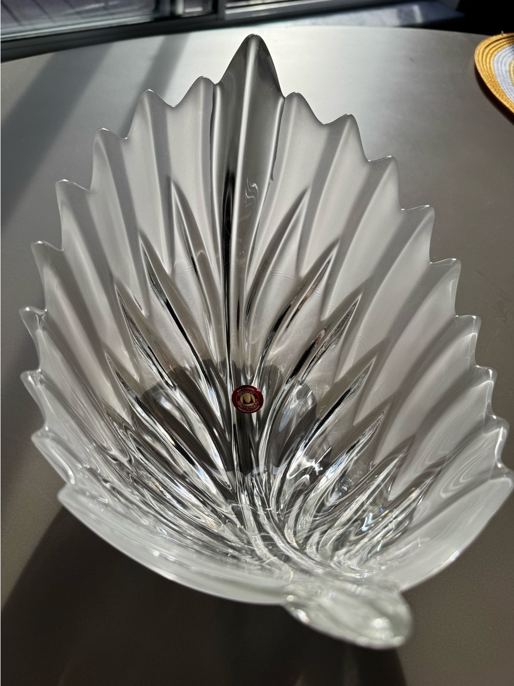 Waltherglas Crystal Leaf Bowl Germany Frosted Clear Art Glass Statement